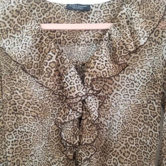 Zara Accessories Bodysuit Womens Small Brown Sheer Leopard Ruffled Animal Print - Picture 9 of 11